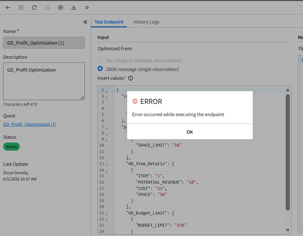 Optimization Quest Runs Successfully but Endpoint Execution Fails ...